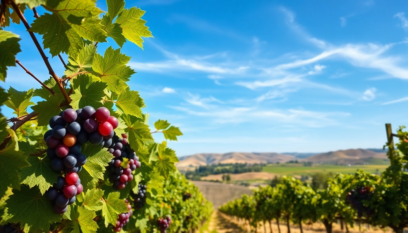 A scenic representation of Clarksburg CA with thriving vineyards and rolling hills under a bright sky.