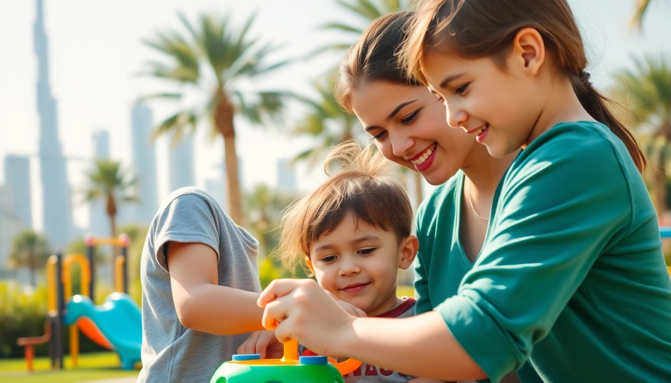 Find a Nanny in Dubai while a caring nanny engages playfully with children in a sunny park.