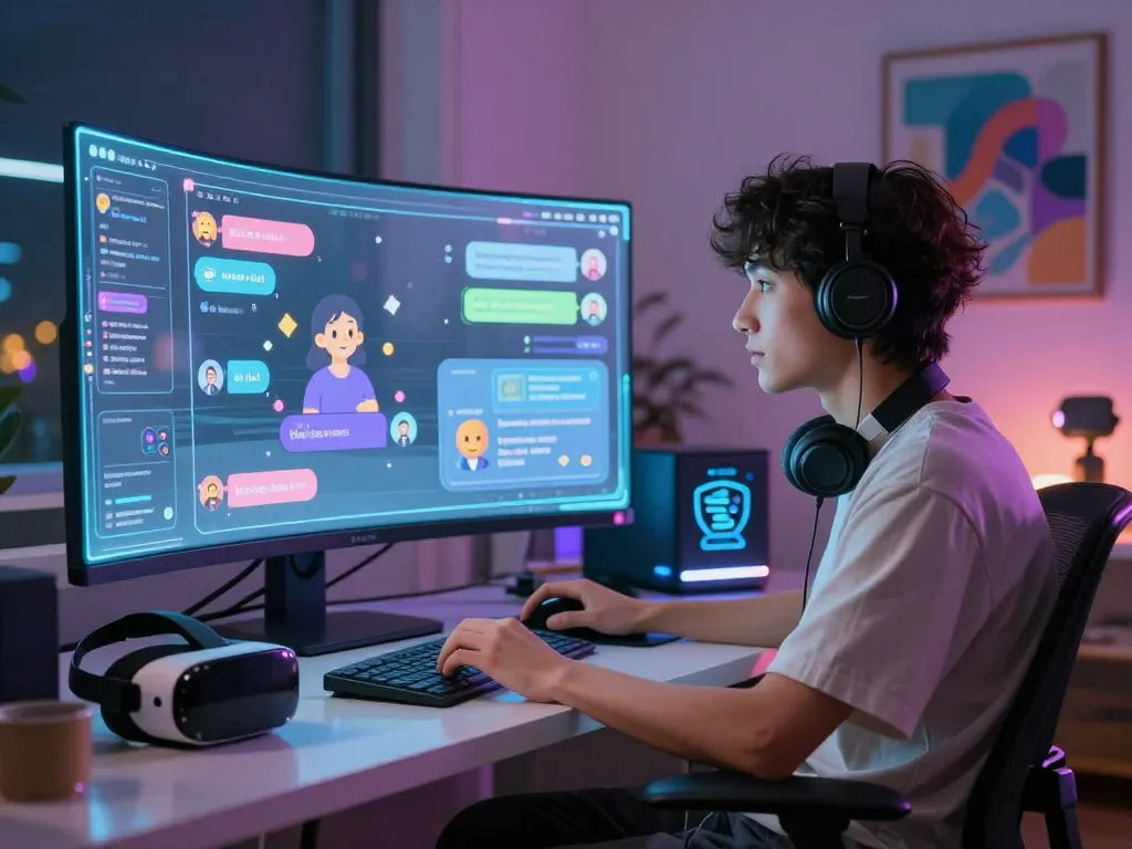 Engaging chat with an AI slut character in a vibrant virtual workspace filled with holographic displays and soft neon lighting.