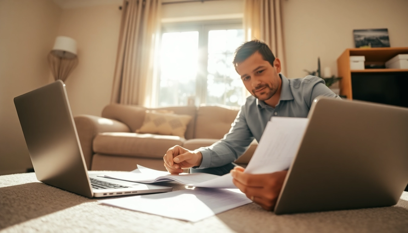 Assessing Property Insurance Claims documentation in a bright living room setting.