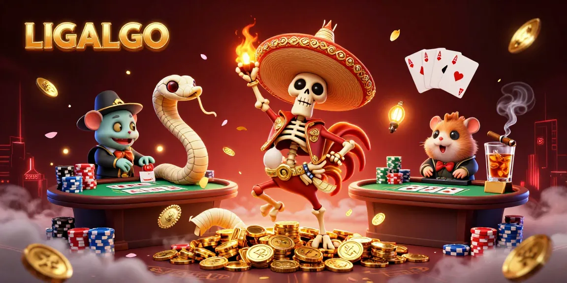 LIGALGO celebrates big wins with a vibrant 3D casino scene featuring animated characters, poker chips, and gold coins.