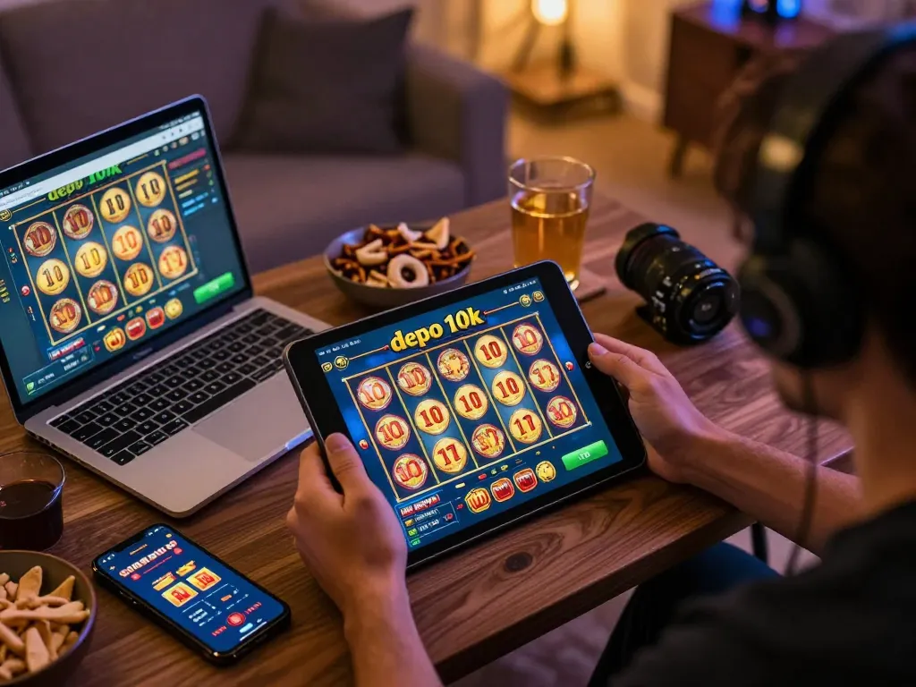 Player enjoying slot depo 10k game on tablet in a cozy living room, surrounded by snacks and drinks.