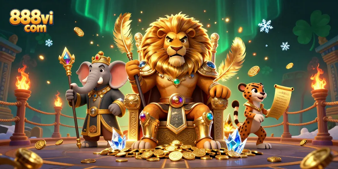 Experience thrilling gaming scenes of 888vi com with a majestic lion, wise elephant, and fast cheetah.