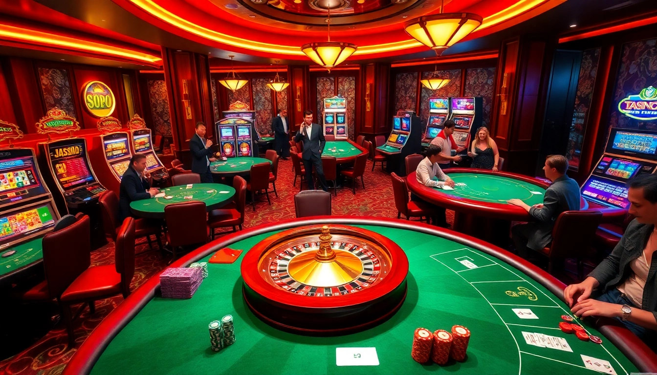 Experience the excitement of obraltoto gaming within a luxurious casino atmosphere featuring roulette and poker tables.