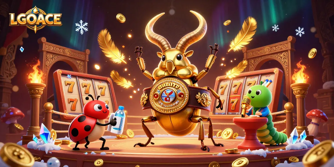 LGOACE features a dynamic illustration of a golden stag beetle champion amidst slot elements, showcasing excitement.