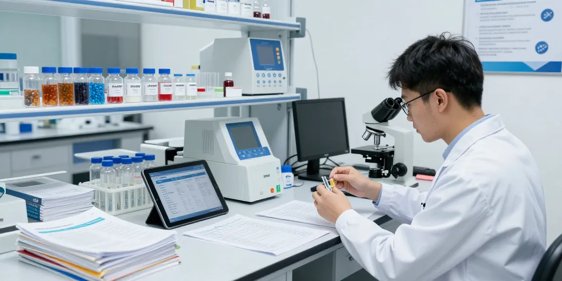 Scientist examining Swiss Chems peptide samples in a modern lab setting, highlighting advanced research techniques.