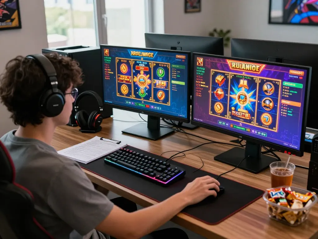 Interactive gaming setup displaying link gacor strategies for online slots with vibrant visuals and notes.