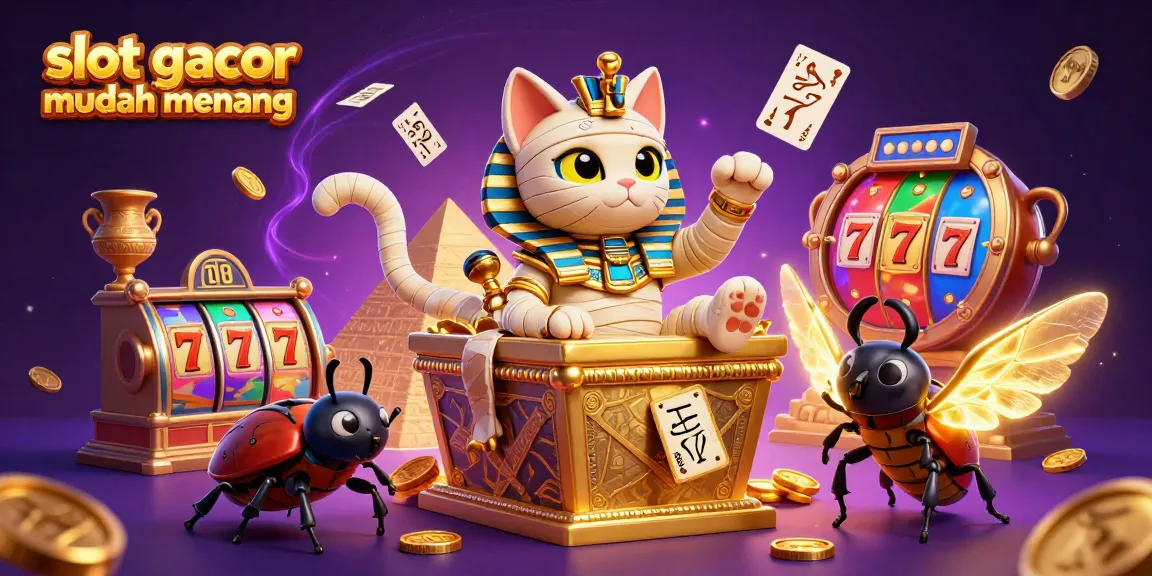Slot gacor mudah menang dalam ilustrasi 3D menampilkan kucing mumi Mesir dan elemen permainan kasino.