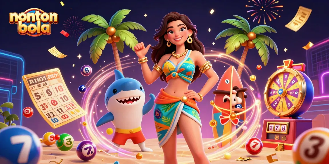 Nonton bola with a vibrant, fun scene featuring beach elements, lottery, and casino dynamics.