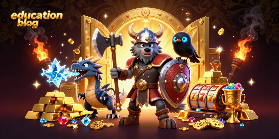 Experience winning moments in this education blog-themed casino illustration with vibrant characters and treasures.