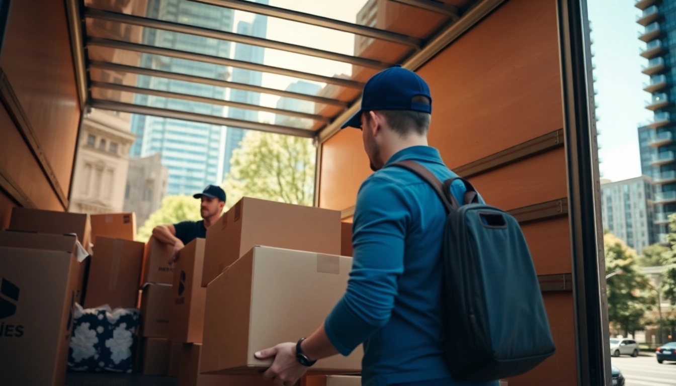 Efficient movers Vancouver packing and transporting items in a bright urban setting.