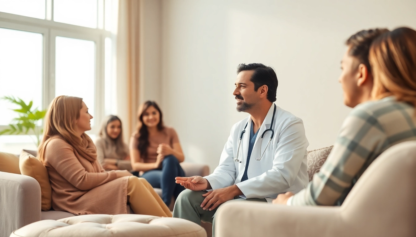 Illustration of top psychiatrist in dubai consulting with diverse patients in a calm, welcoming office.