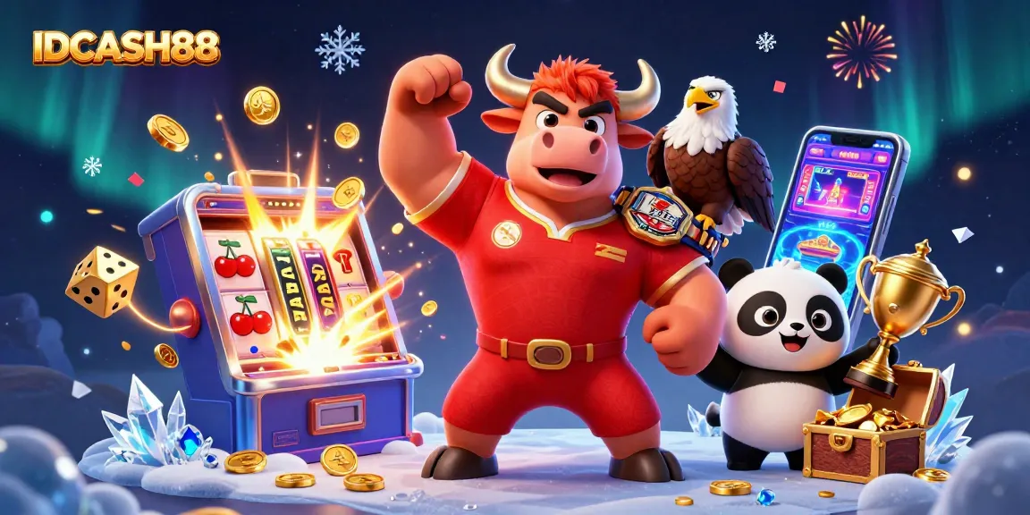 Experience thrilling wins with IDCASH88 featuring a bull mascot, eagle, and golden trophy in a vibrant casino setting.