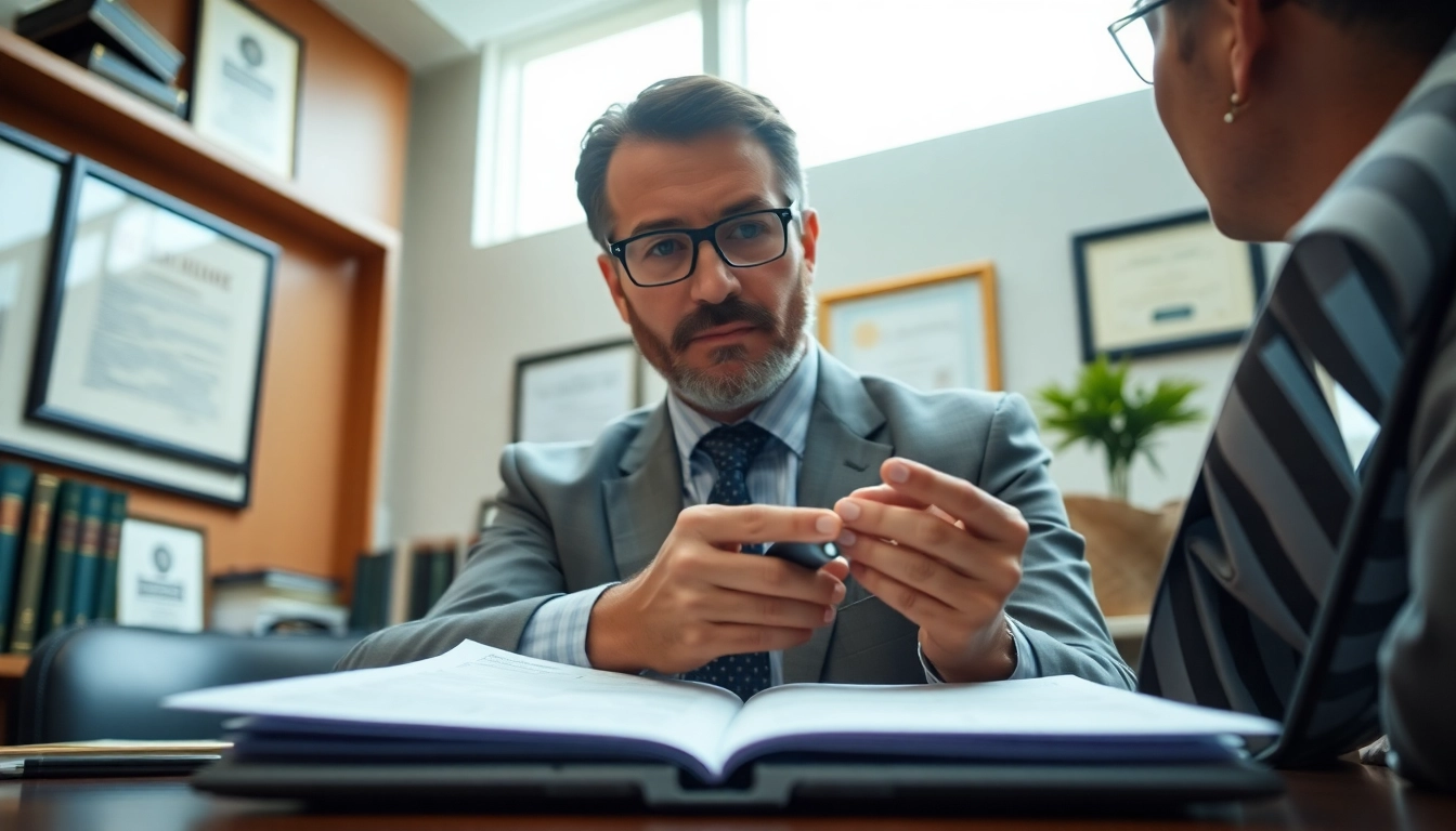Consulting with an eminent domain lawyer in a professional office setting over property issues