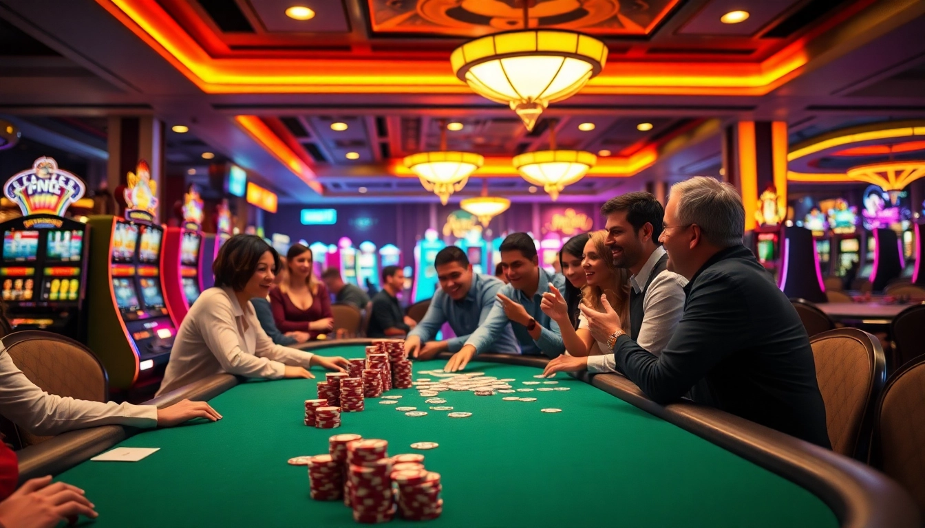 Permainan menarik di kasino yyrr dengan para pemain di meja poker penuh semangat.