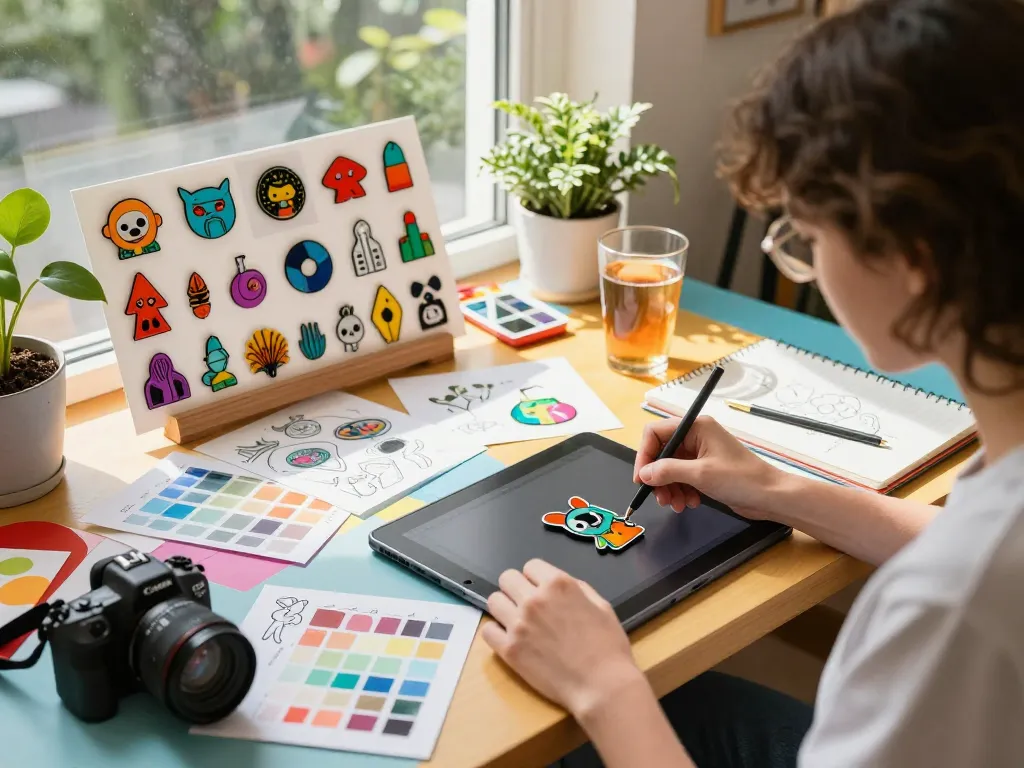 Artist designing custom acrylic pins in a colorful workspace with sketches and plants.