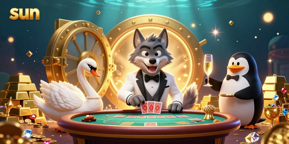 Experience sun-bright winnings at a vibrant casino scene with a debonair wolf and elegant characters.