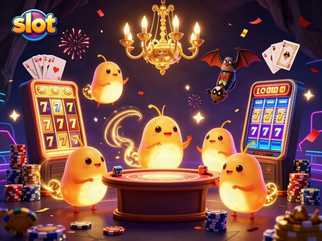 Engage with slots in a vibrant casino scene with glowworms and lively gambling elements