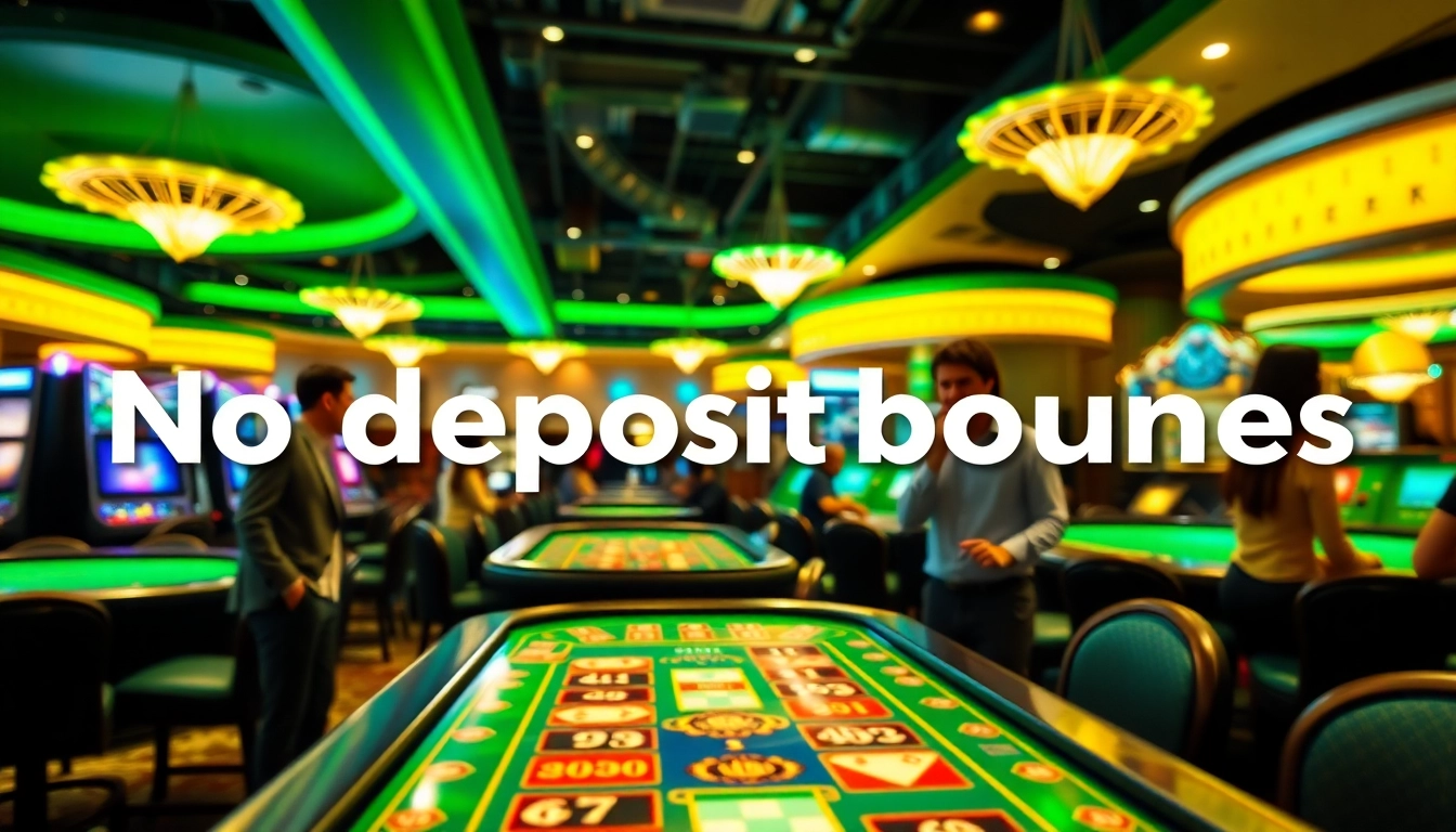 Experience no deposit bonuses in a lively casino scene with players and vibrant gaming tables.
