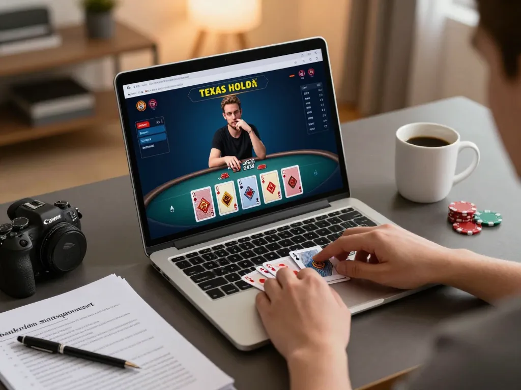 Engaging poker gameplay on laptop, reflecting strategies at cootersbackyardbarandgrill.
