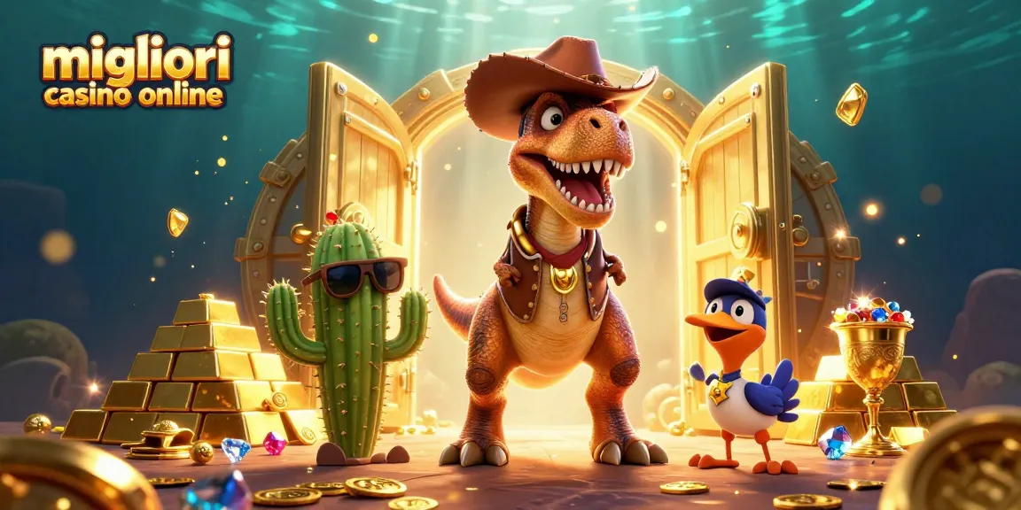 Scopri i migliori casino online attraverso una vivace illustrazione 3D con personaggi festosi e tesori luccicanti.