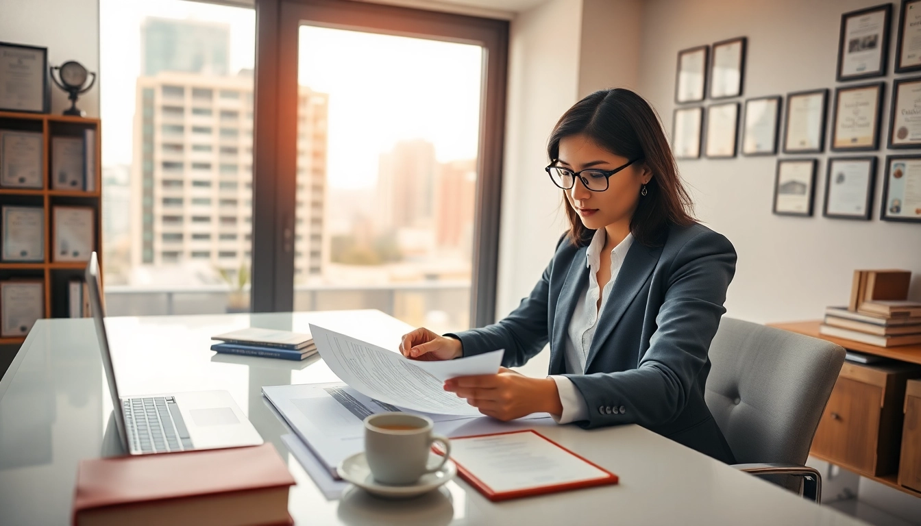 Traducteur assermenté espagnol professionnel examinant des documents dans un cadre de bureau moderne