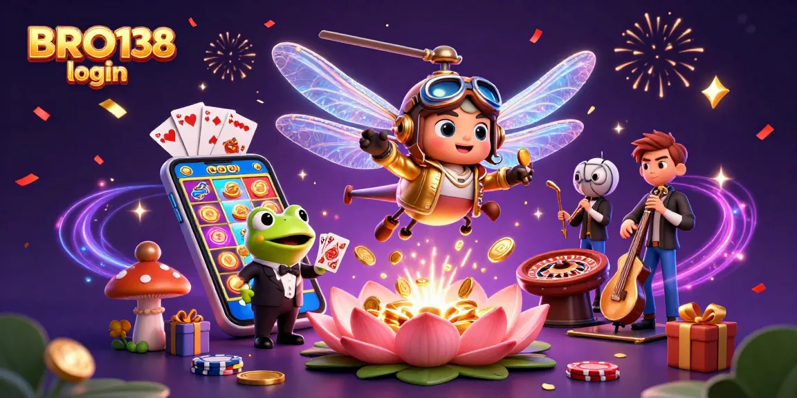Win big now with BRO138 login, featuring a lively casino scene with 3D characters and dynamic gaming elements.