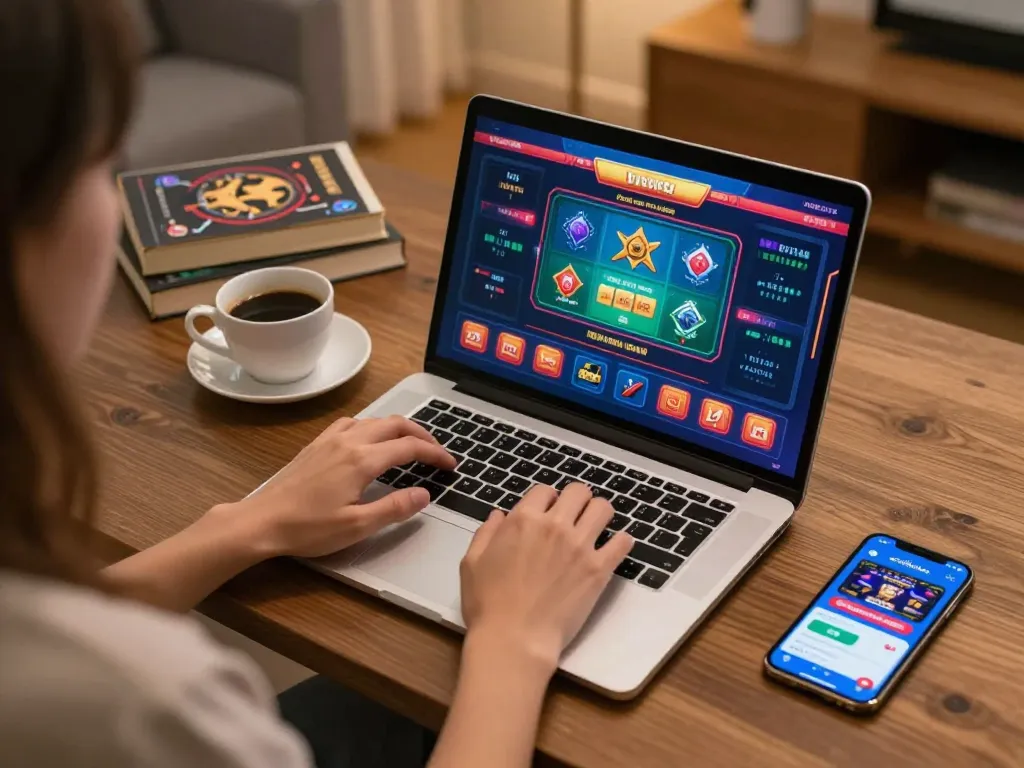 A person engaging with the nohu90 com online casino on a laptop, illuminating a cozy home gaming scene.