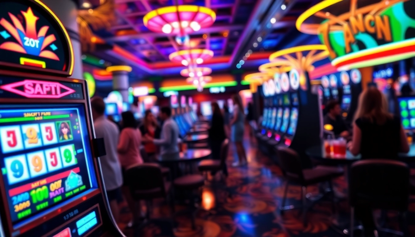 Slot mesin dengan jackpot dan pemain yang bersemangat di kasino