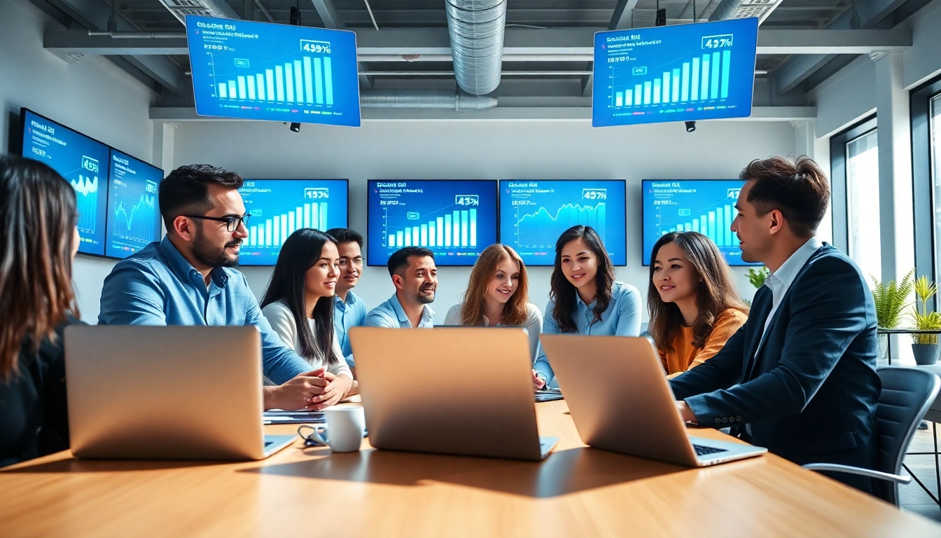 A diverse marketing team working together in a bright office, showcasing collaboration at a social media agency.
