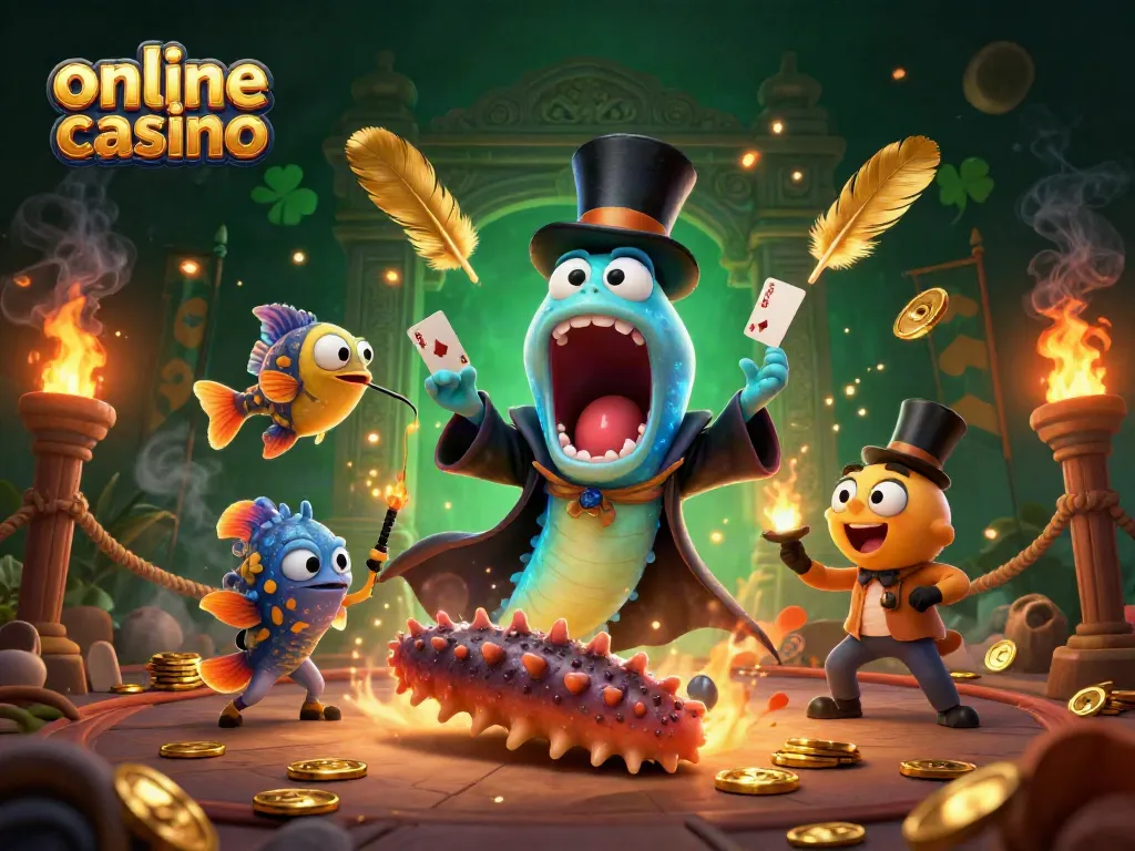 Gioca nei migliori online casino con un'illustrazione vivace di un'anguilla che fa magie con carte e oro scintillante.