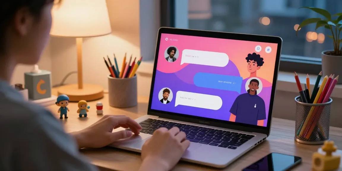 Engaging with AI chat NSFW chatbot, vibrant character profiles on laptop in cozy workspace.