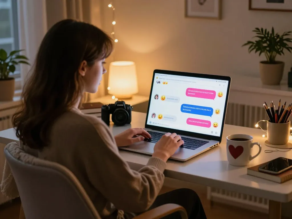 Engaging in playful AI sex chat on a laptop in a cozy home office.