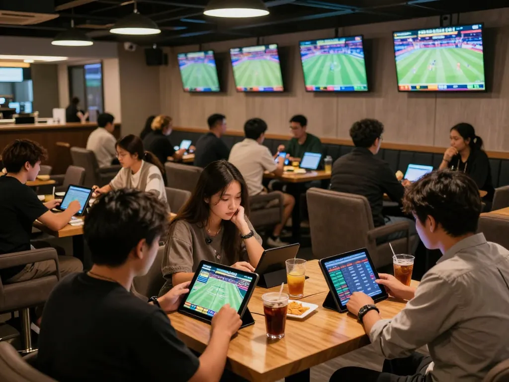 Engaging sports fans utilizing kèo nhà cái insights while enjoying live games in a modern betting lounge.