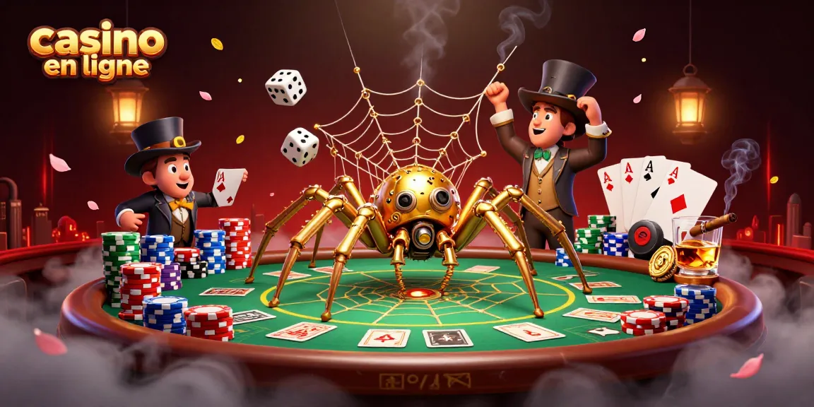 Explorez un casino en ligne captivant avec une araignée steampunk et des jetons de poker à profusion.