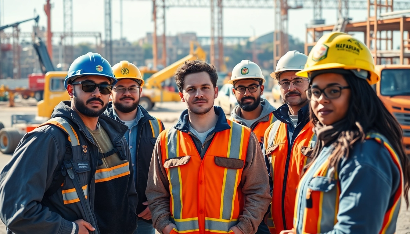 Construction workforce development training session highlighting teamwork and engagement in a bustling site.