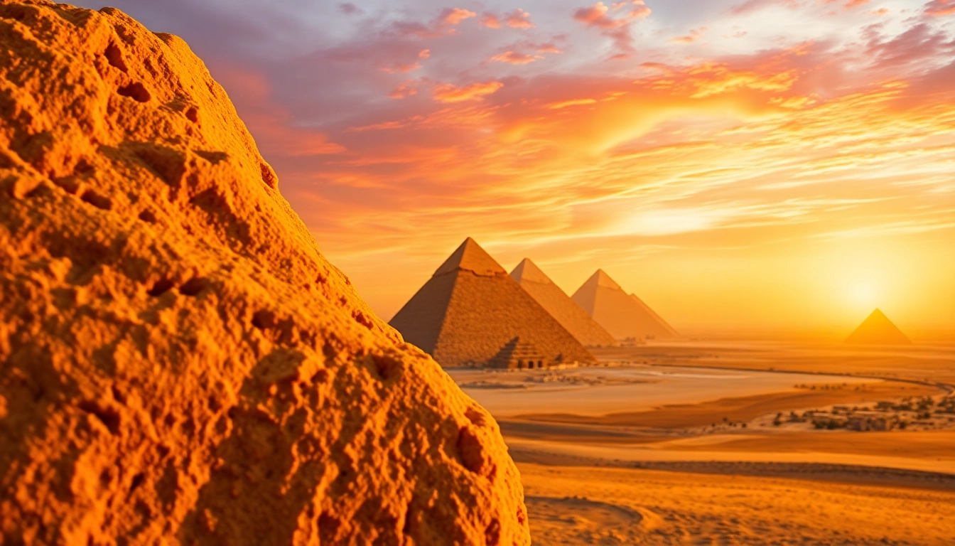 View of Giza pyramids at sunset with dramatic lighting and texture, highlighting piraminds.