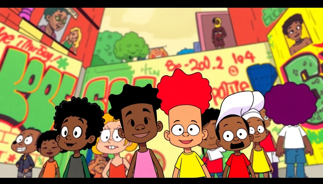 A vibrant collage of African American cartoons showcasing iconic characters like Huey Freeman and Bebe, celebrating diverse representation.