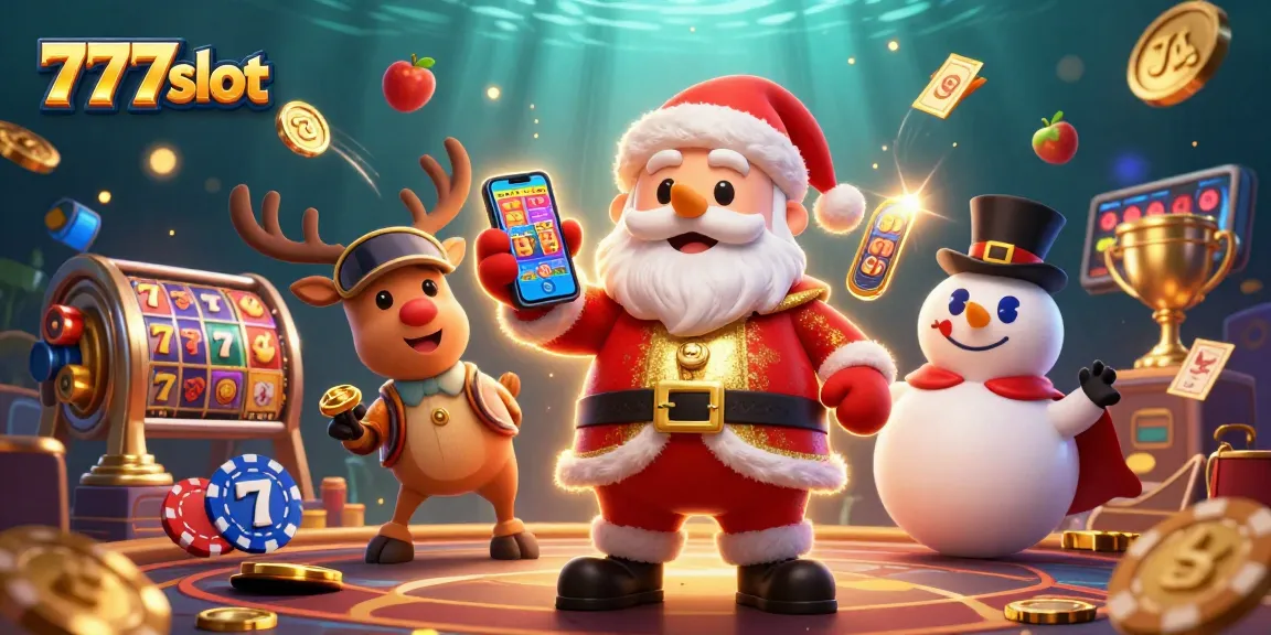 Mainkan 777slot dengan Santa Claus, rusa, dan manusia salju di kasino yang berkilauan.