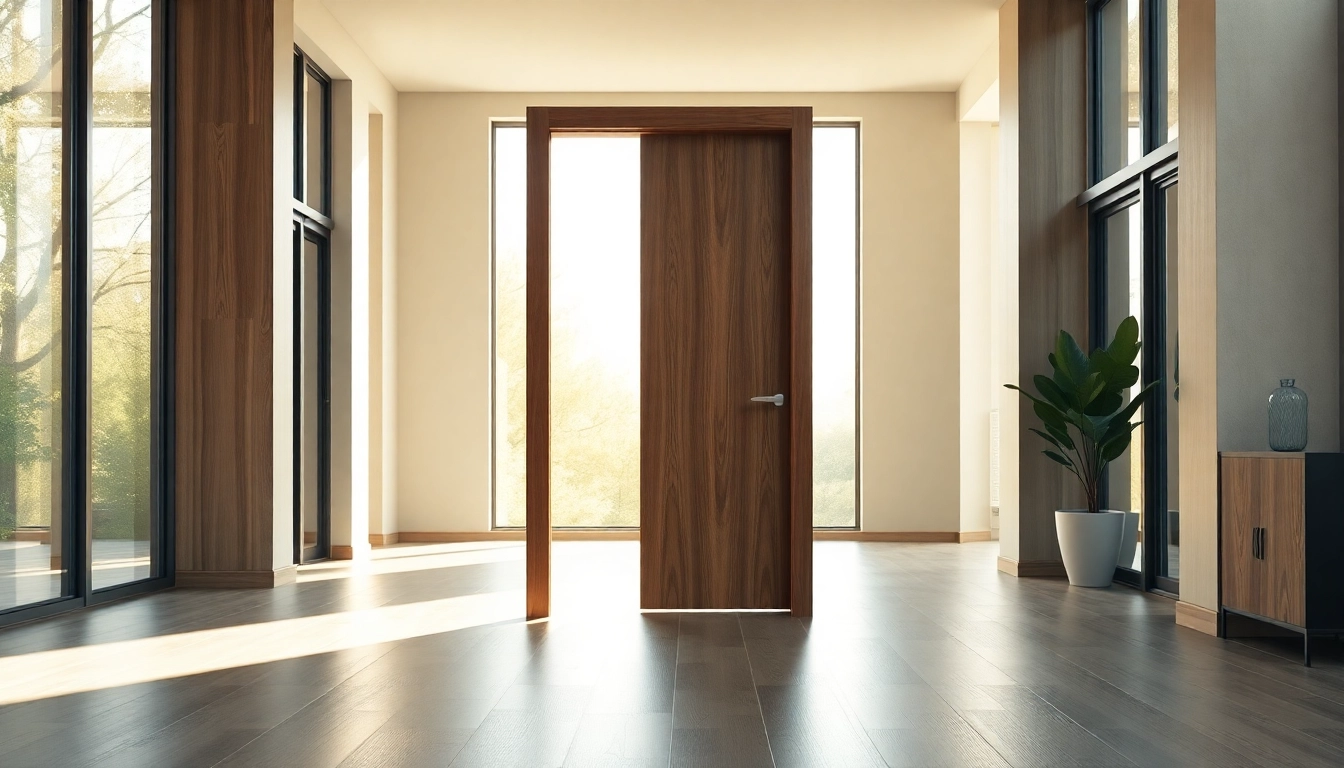 Modern single leaf swing door enhances a bright hallway's elegance and design.
