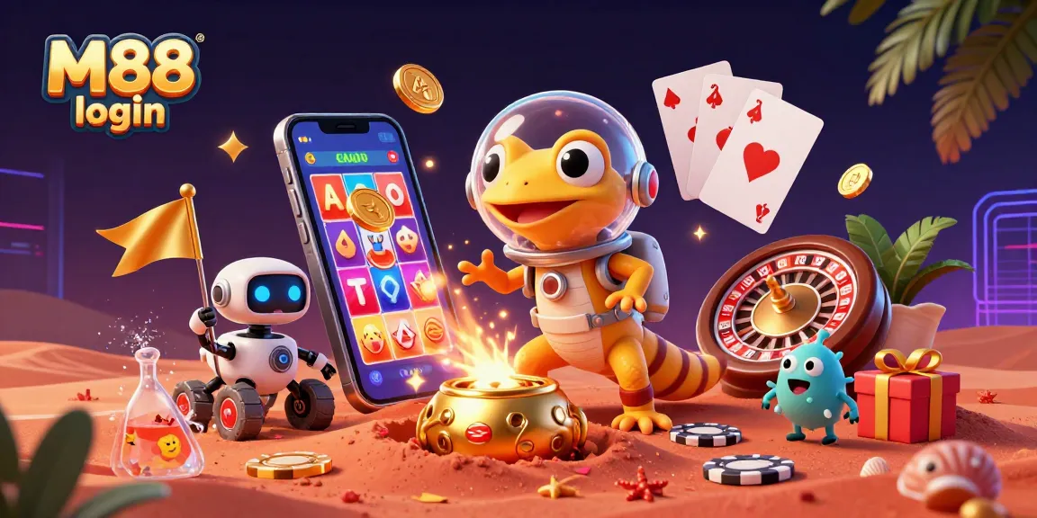 M88 login to a vibrant 3D casino illustration with a Martian gecko discovering treasures and winning big!
