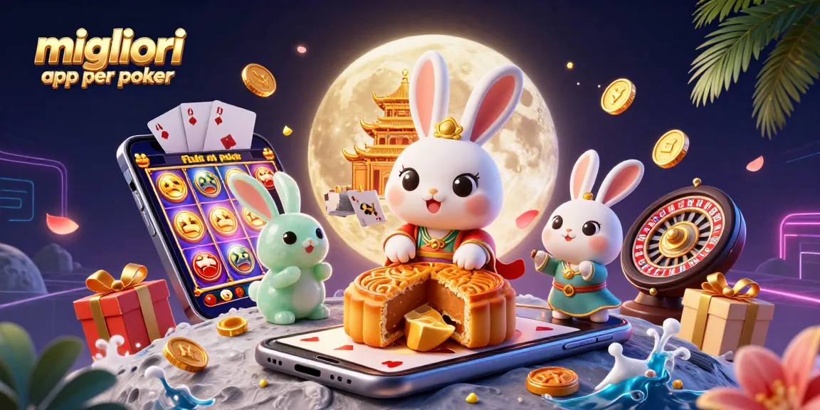 Migliori app per poker: con un coniglio lunare che sfonda mooncake per rivelare fiches da poker sullo sfondo lunare