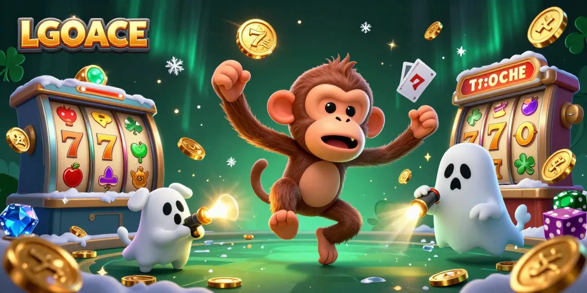 LGOACE captivating slot game scene showcasing a mischievous monkey and ghost-hunter puppy with golden objects.