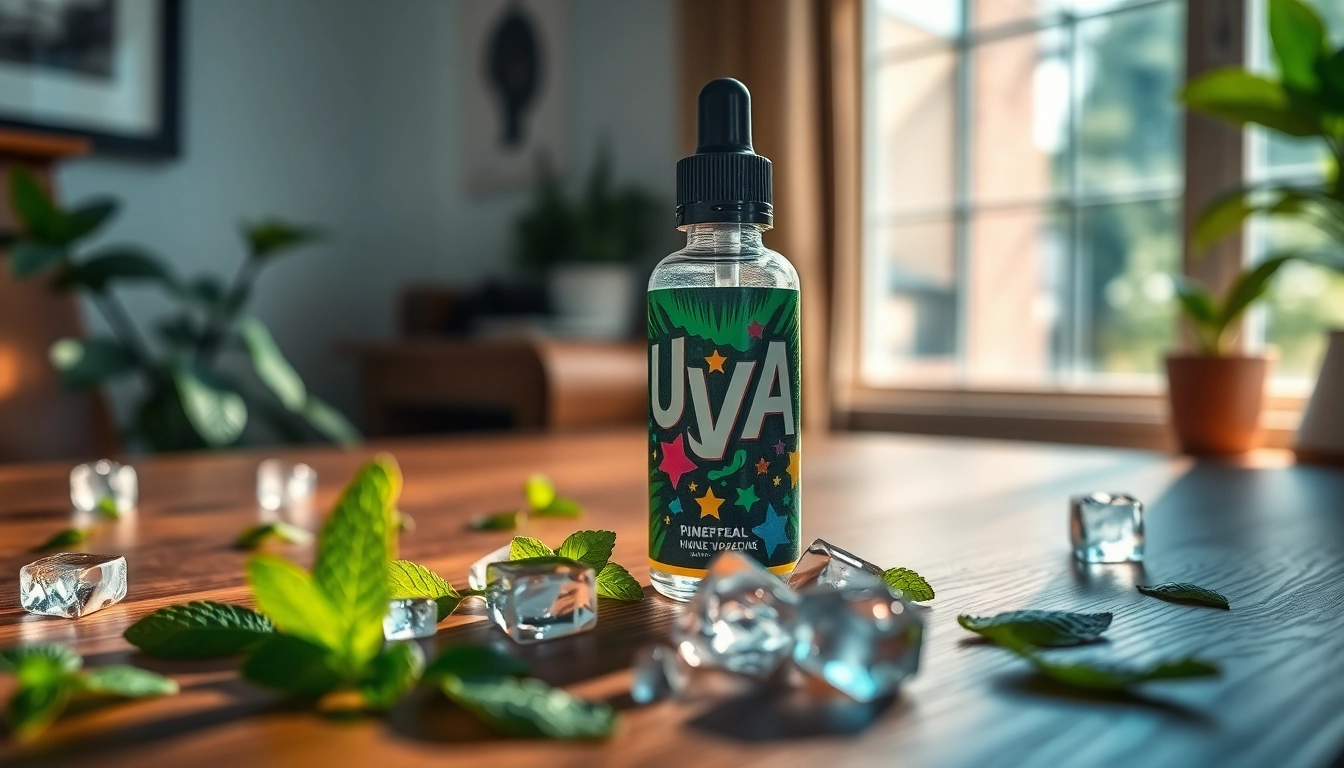 Genieße vape ohne nikotin mit einem bunten E-Liquid und frischen Minzblättern.