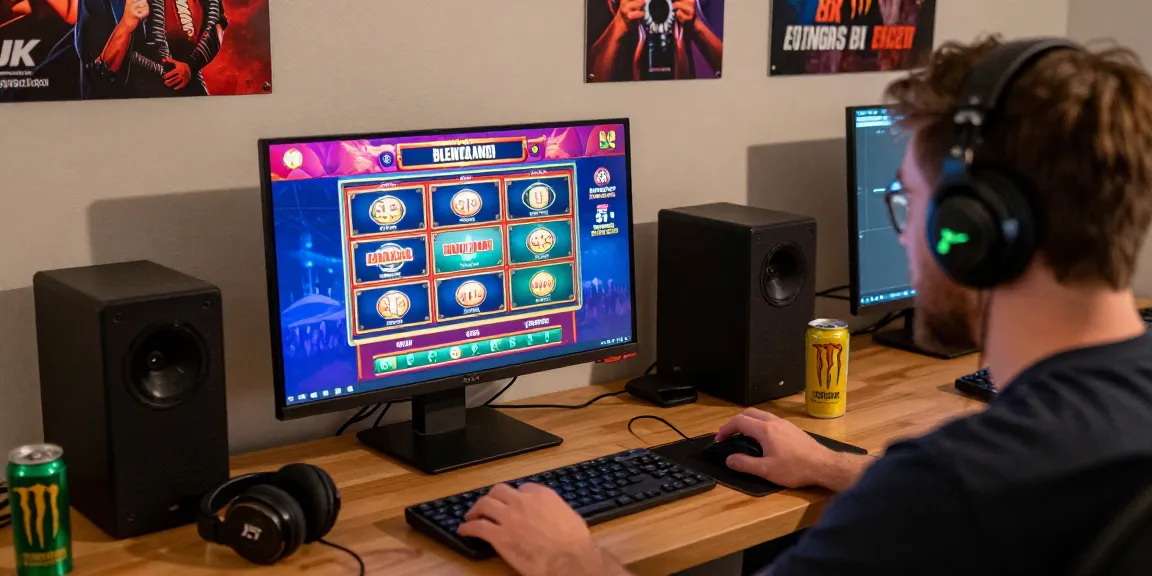 Excited player at credit card casinos UK gaming online, surrounded by accessories and vibrant screen.