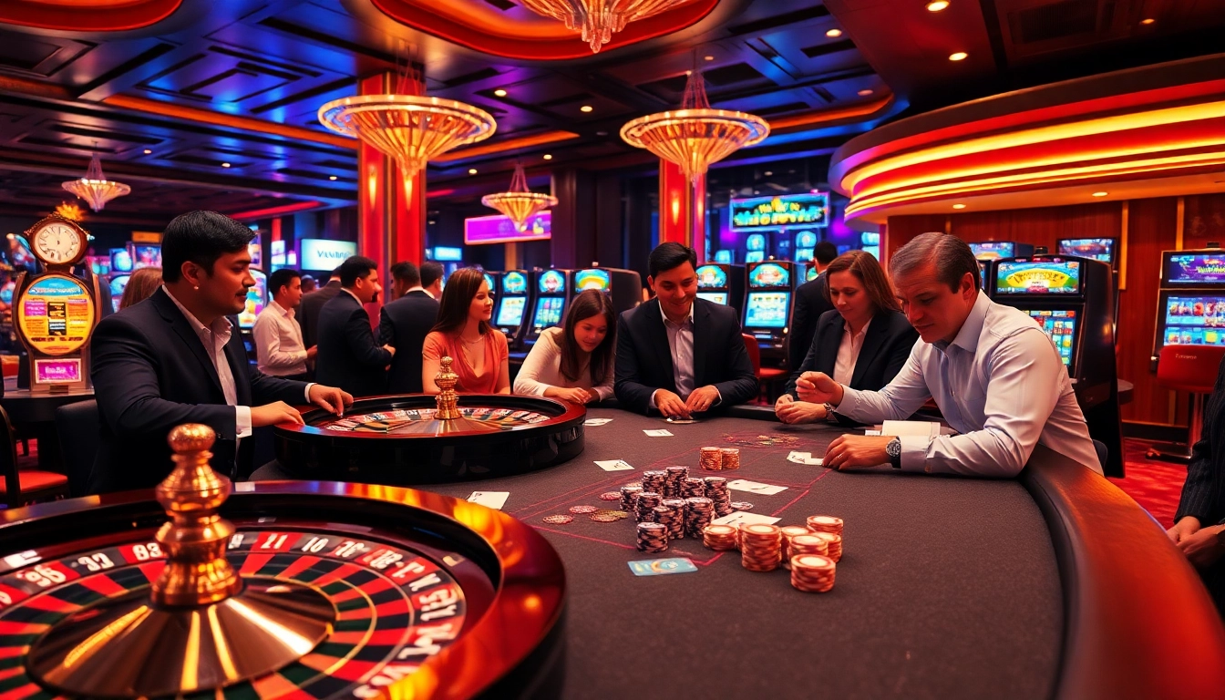 Cảnh casino Bet VIP đầy phấn khích, với nhiều người chơi đa dạng quanh bàn roulette và những máy xèng sống động.