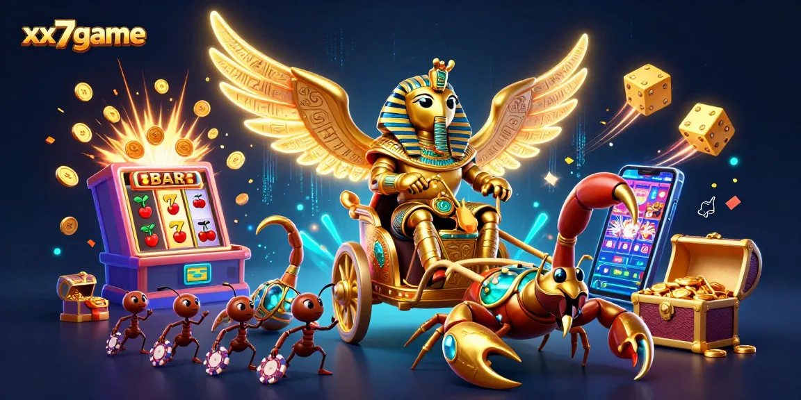 Experience thrilling wins with xx7game featuring a scarab beetle, vibrant slot machines, and exciting casino elements.
