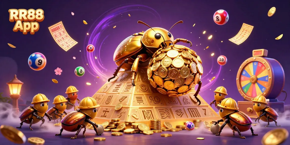 Experience the thrill of gaming with RR88 App as golden beetles roll in a vibrant casino atmosphere.