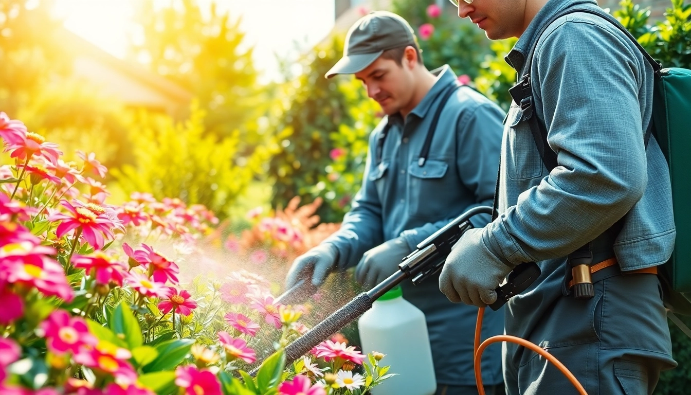 Technicians performing eco friendly pest treatment using safe methods in a vibrant garden.