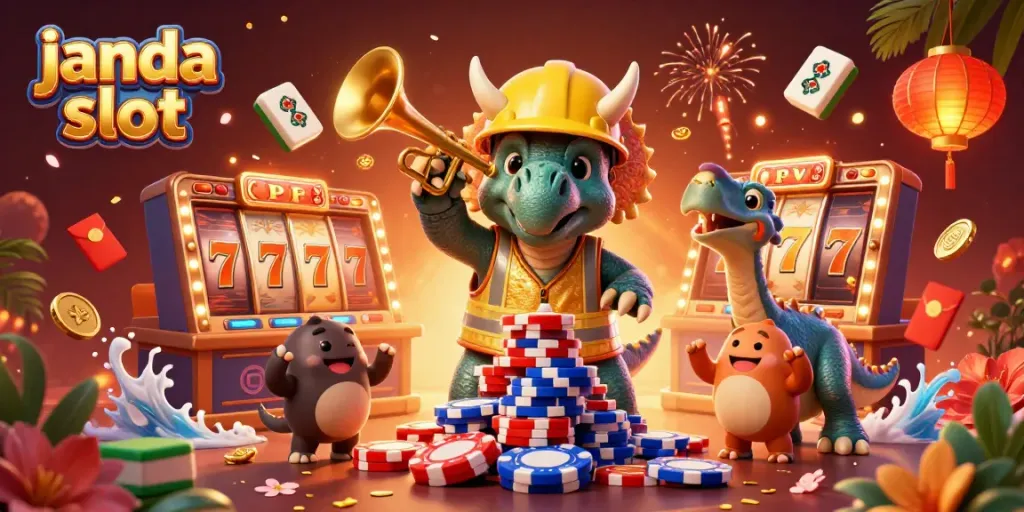 Slot permainan janda slot yang menampilkan triceratops dan parasaurolophus merayakan jackpot.